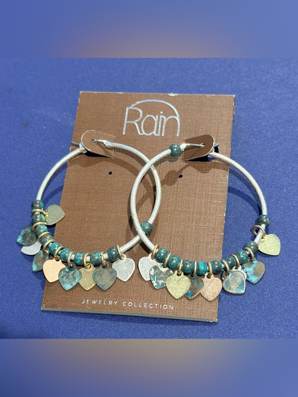 NEW Rain Collection Silver toned & Turquoise Beaded Hoops With Dangly Hearts